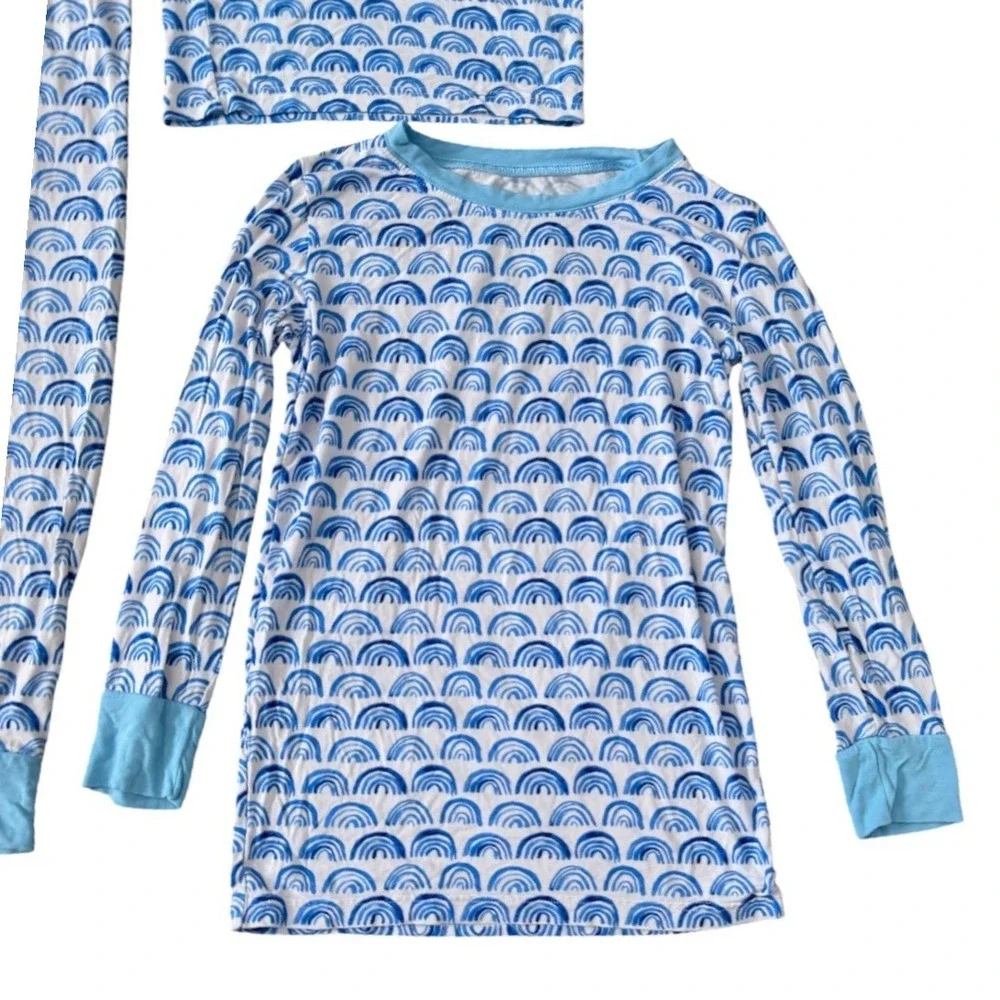 Little Sleepies Blue Rainbows Bamboo Pajamas 3 Pc Set‎ 9/10 LS SS Tops Pants